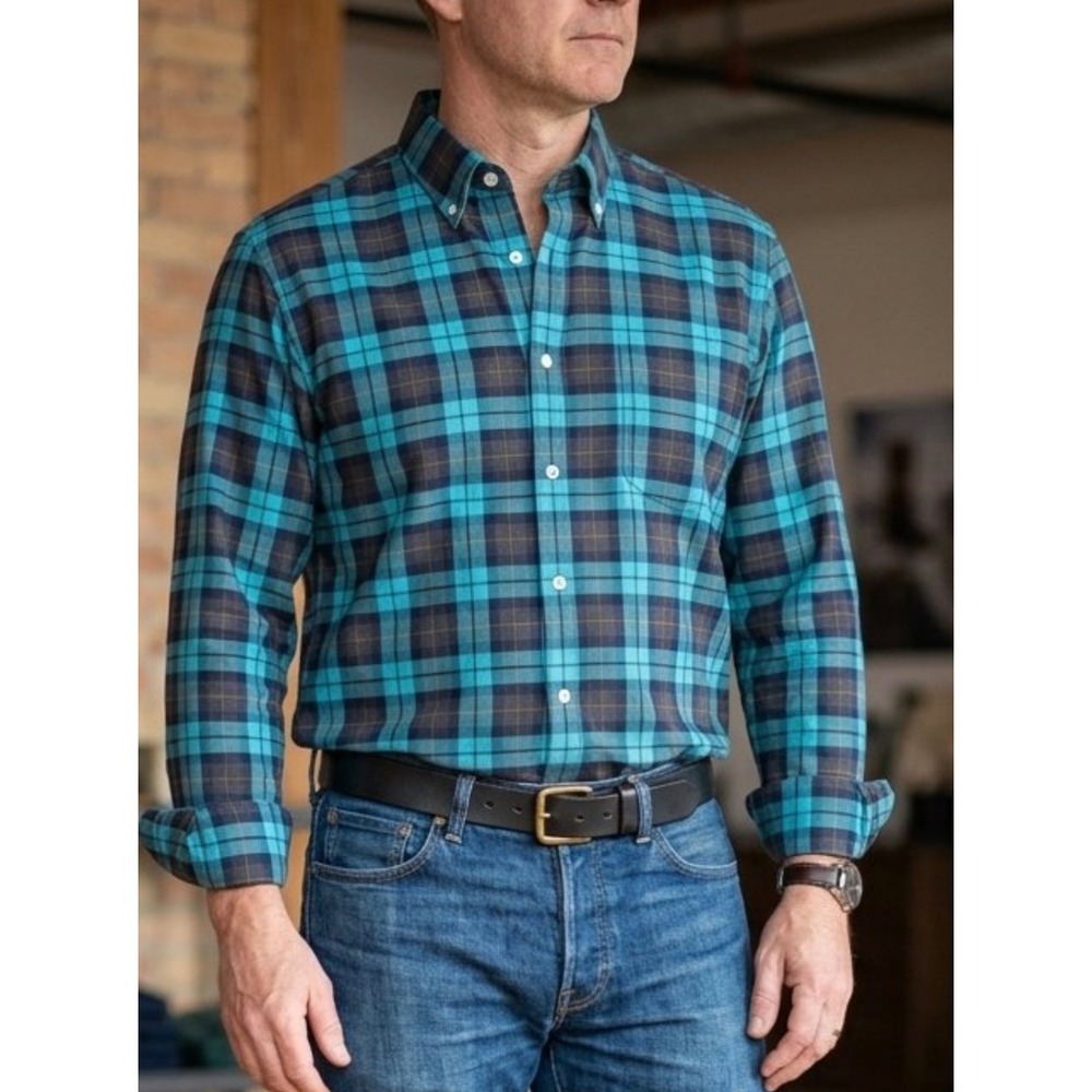 Forsyth of Canada Mens Teal Navy Plaid Non Iron Button Down Shirt Large